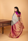 Zinc grey and Wildberry Big Border pure kanchi silk saree