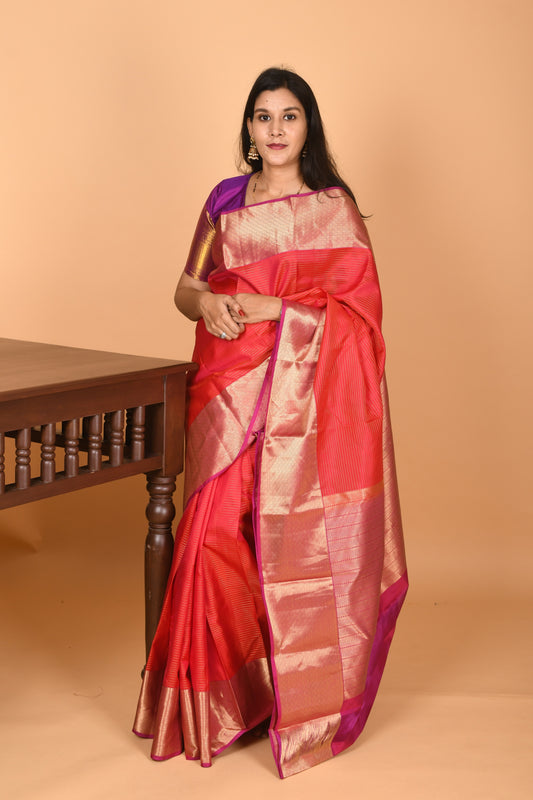 Dual tone pinkish Red Vaira oosi pure kanjivaram silk saree