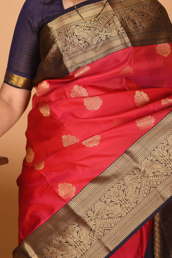 Chilli Red and Midnight Blue Korvai pure kanjivaram silk saree