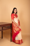 Cream white and Bright Red Butta pure kanchi silk saree