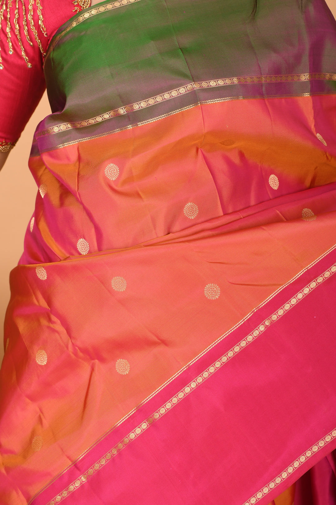 Dual Tone Pinkish Orange Ganga Jamuna Pure kanchi silk saree