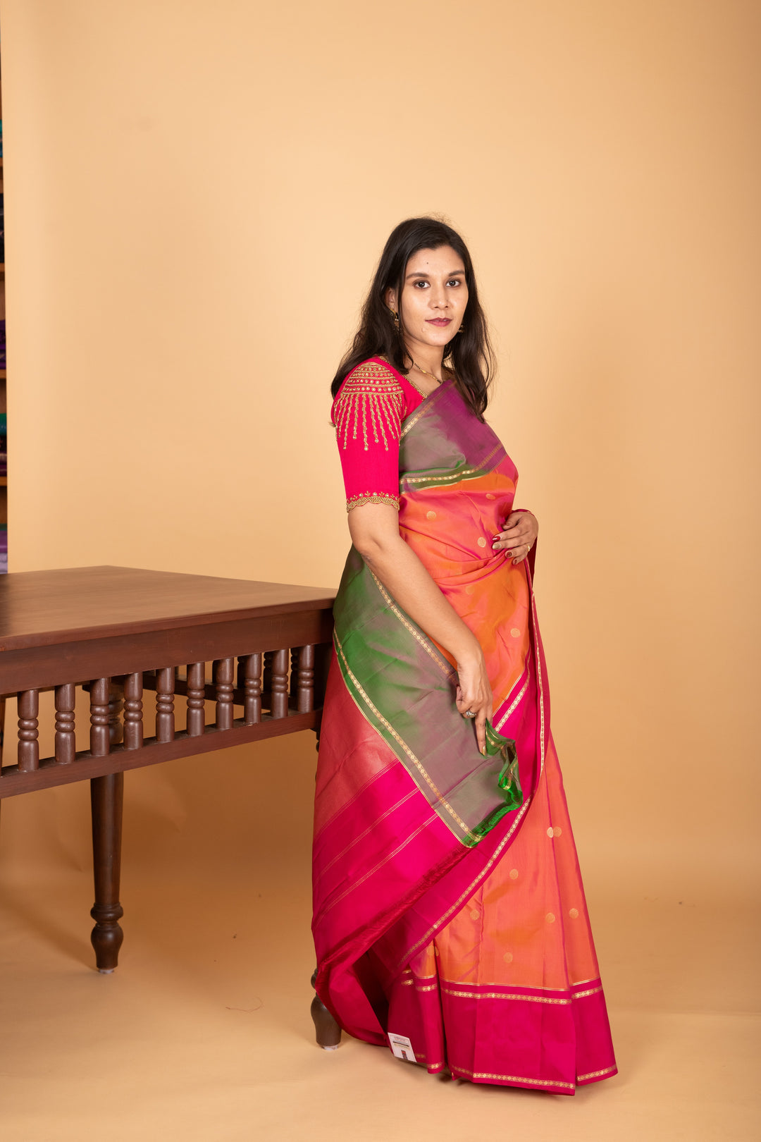 Dual Tone Pinkish Orange Ganga Jamuna Pure kanchi silk saree