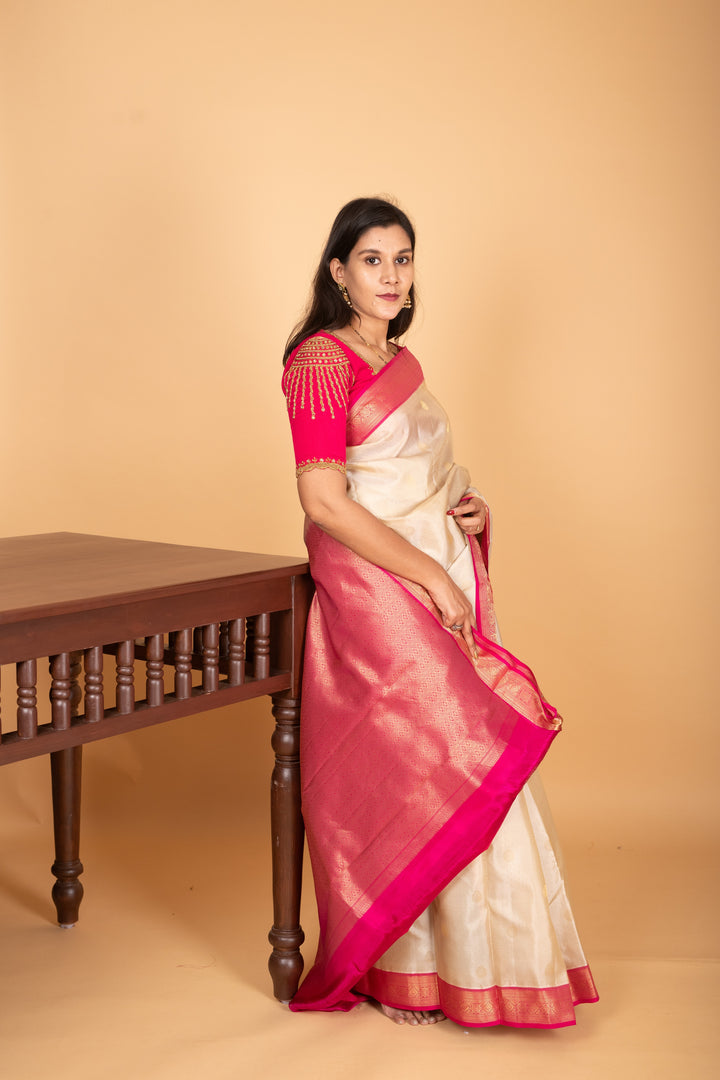 Bone White and Rani pink Small Border pure kanjivaram silk saree