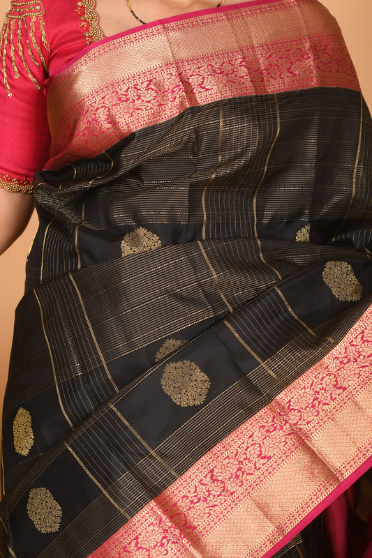 Black and Pink checked pure kanjivaram silk saree