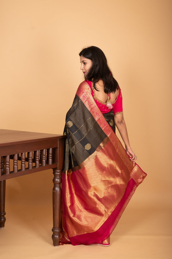 Black and Pink checked pure kanjivaram silk saree