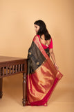 Black and Pink checked pure kanjivaram silk saree