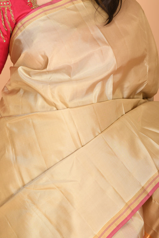 Beige and Rani pink partly pleats pure kanjivaram silk saree