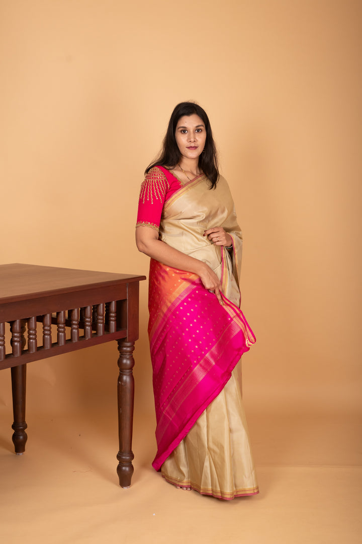 Beige and Rani pink partly pleats pure kanjivaram silk saree