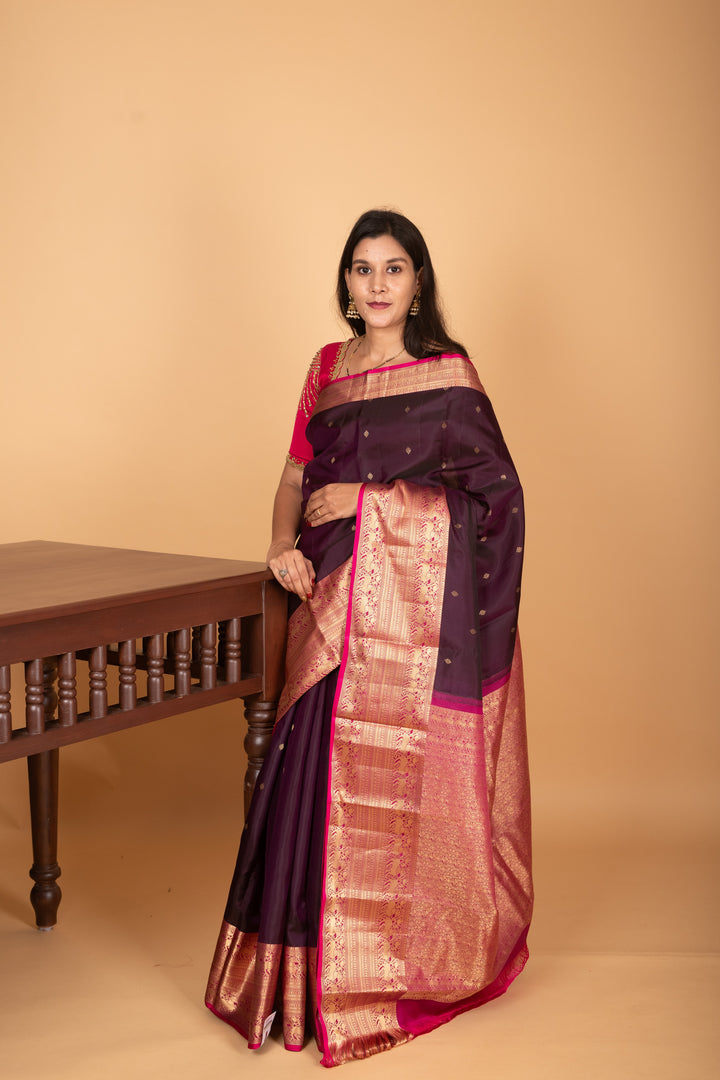 Wine purple and Magenta Traditional pure kanchi silk saree
