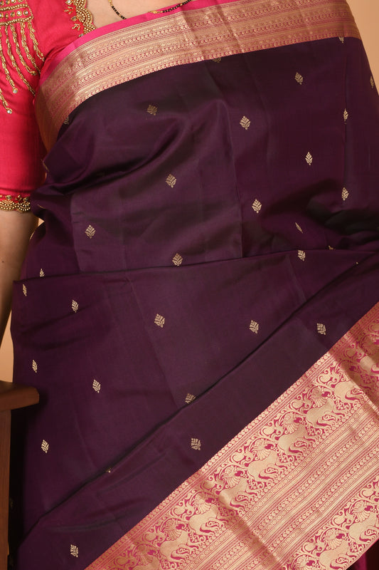 Wine purple and Magenta Traditional pure kanchi silk saree