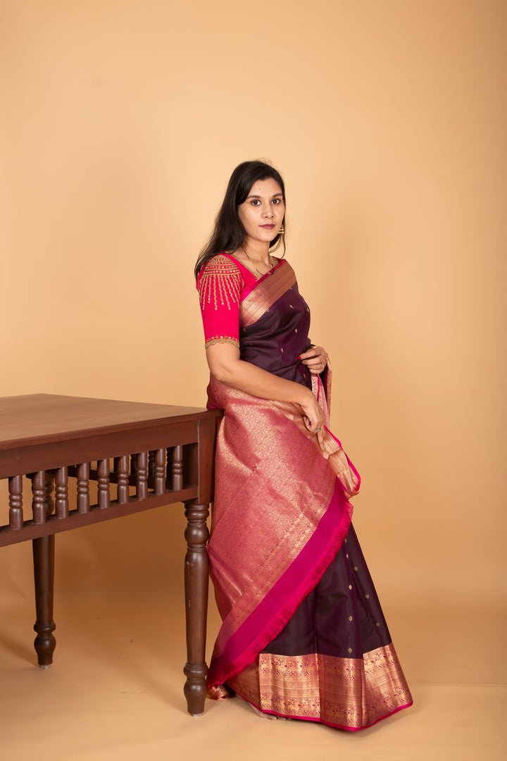Wine purple and Magenta Traditional pure kanchi silk saree