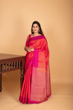 Dual Tone Orange and Rani pink zari striped pure kanchi silk saree
