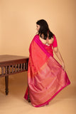 Dual Tone Orange and Rani pink zari striped pure kanchi silk saree