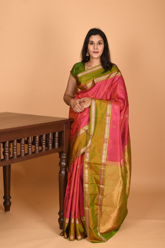 Dual Tone Pink and Dual Tone Green Retta Patta Border pure kanchi silk saree