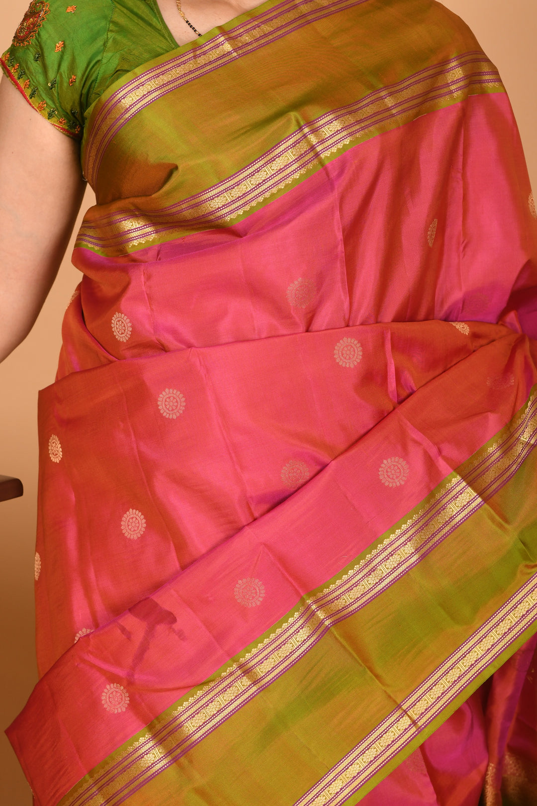 Dual Tone Pink and Dual Tone Green Retta Patta Border pure kanchi silk saree