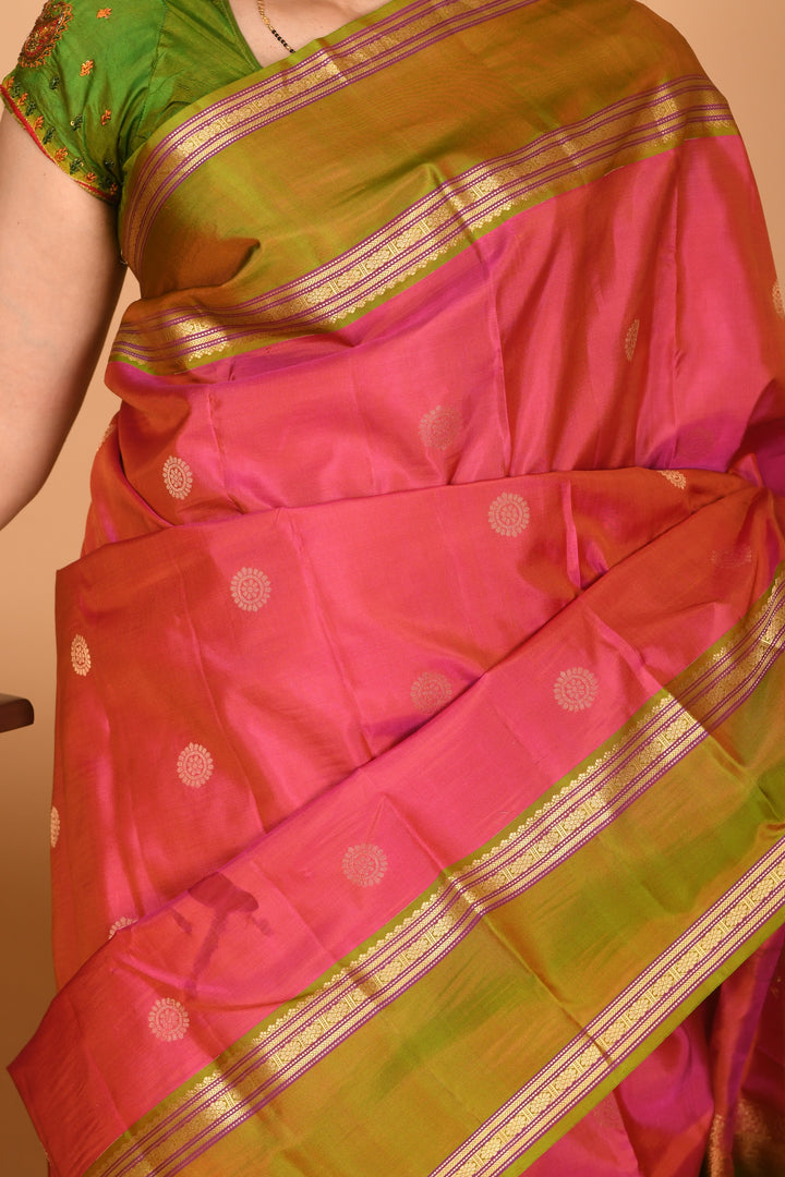 Dual Tone Pink and Dual Tone Green Retta Patta Border pure kanchi silk saree