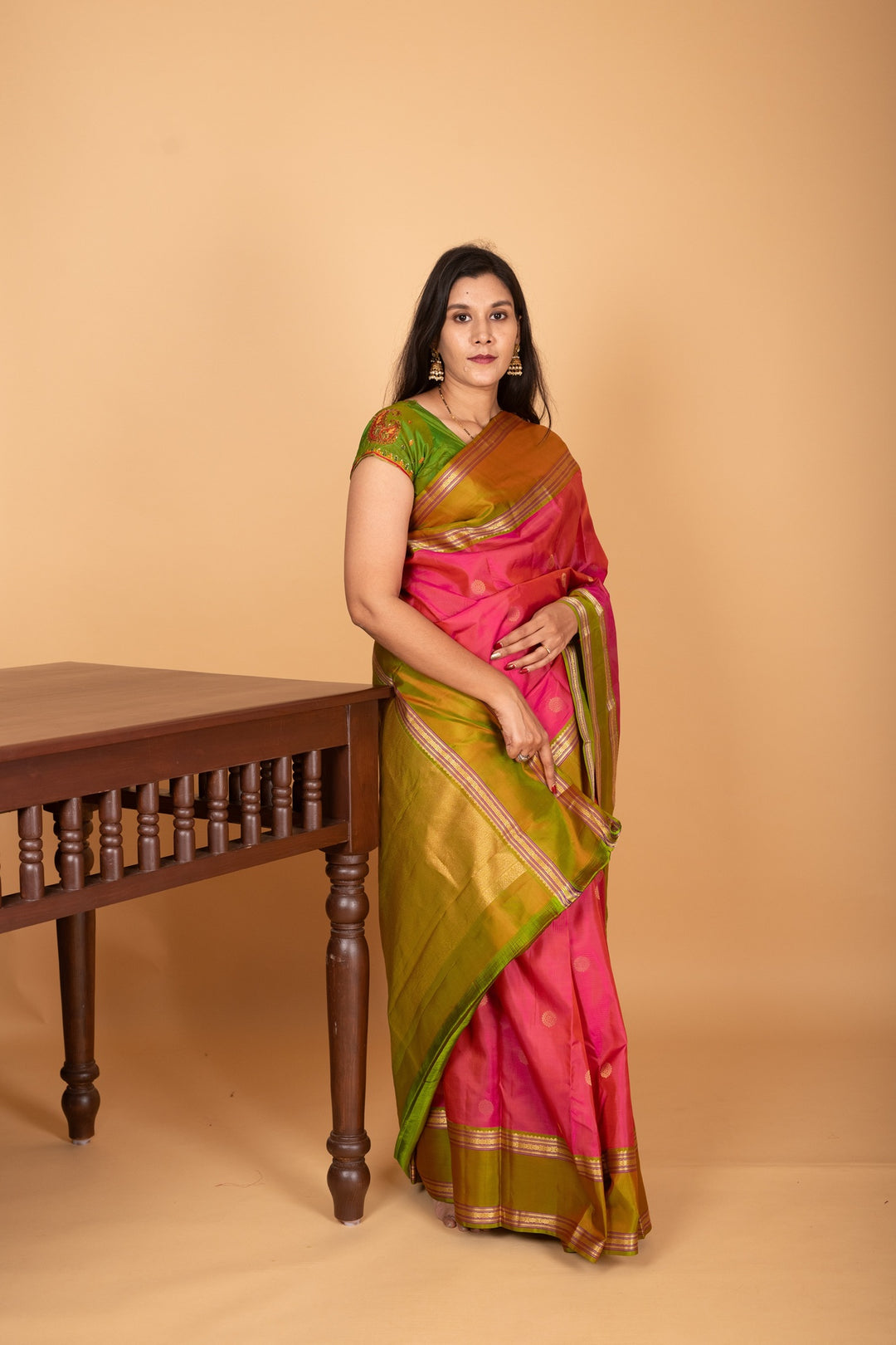 Dual Tone Pink and Dual Tone Green Retta Patta Border pure kanchi silk saree