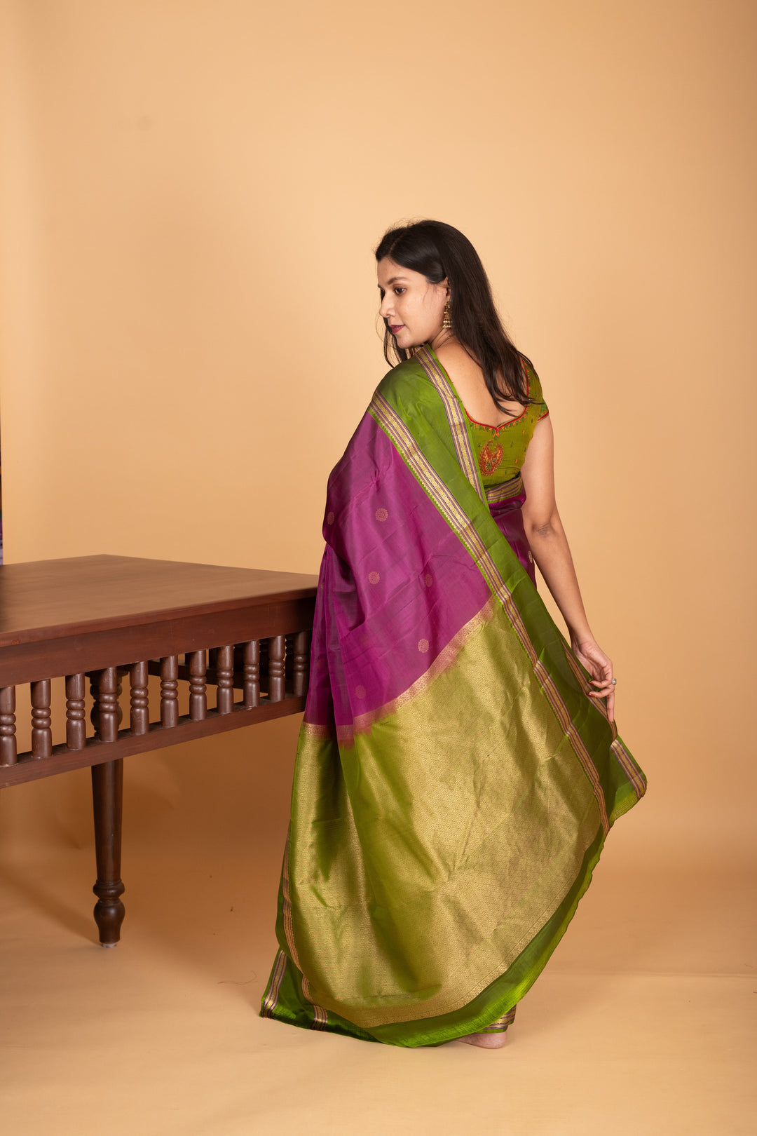 Grape Purple and Forest Green Retta Patta Border pure kanchi silk saree