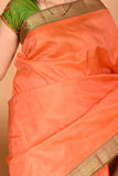 Coral Orange and Dual Tone Green zero zari pure kanchi silk saree