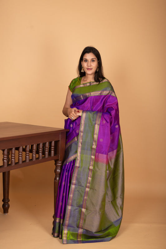 Dual Tone Violet and Dual Tone Green Retta Patta Border pure kanchi silk saree
