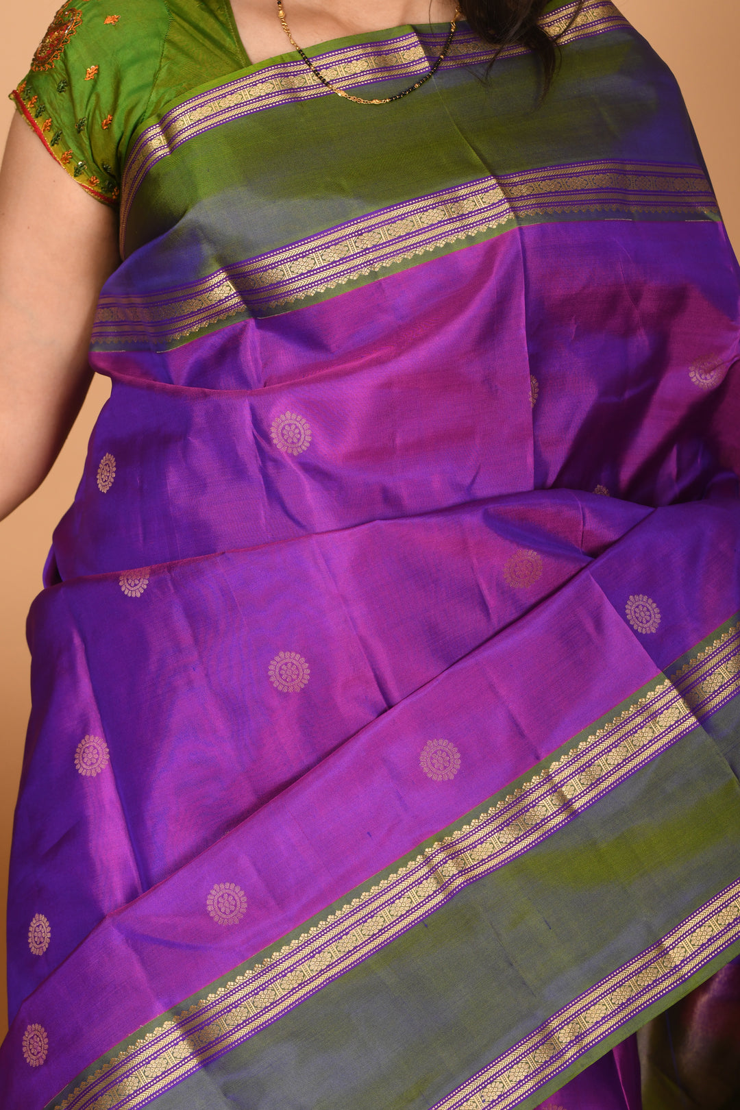 Dual Tone Violet and Dual Tone Green Retta Patta Border pure kanchi silk saree