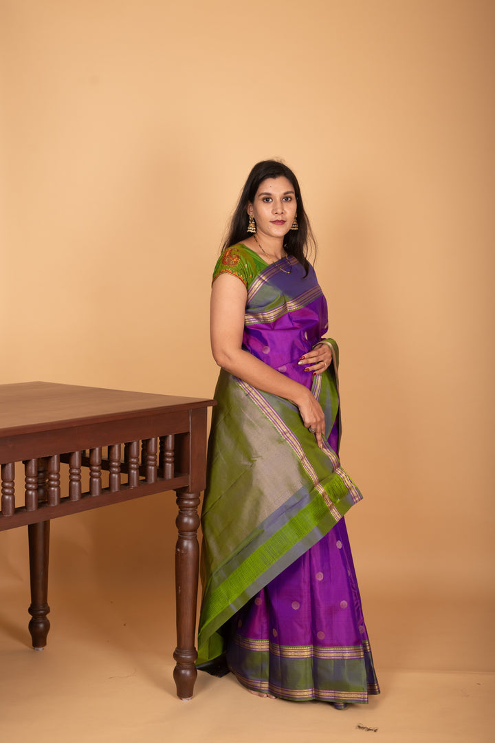 Dual Tone Violet and Dual Tone Green Retta Patta Border pure kanchi silk saree
