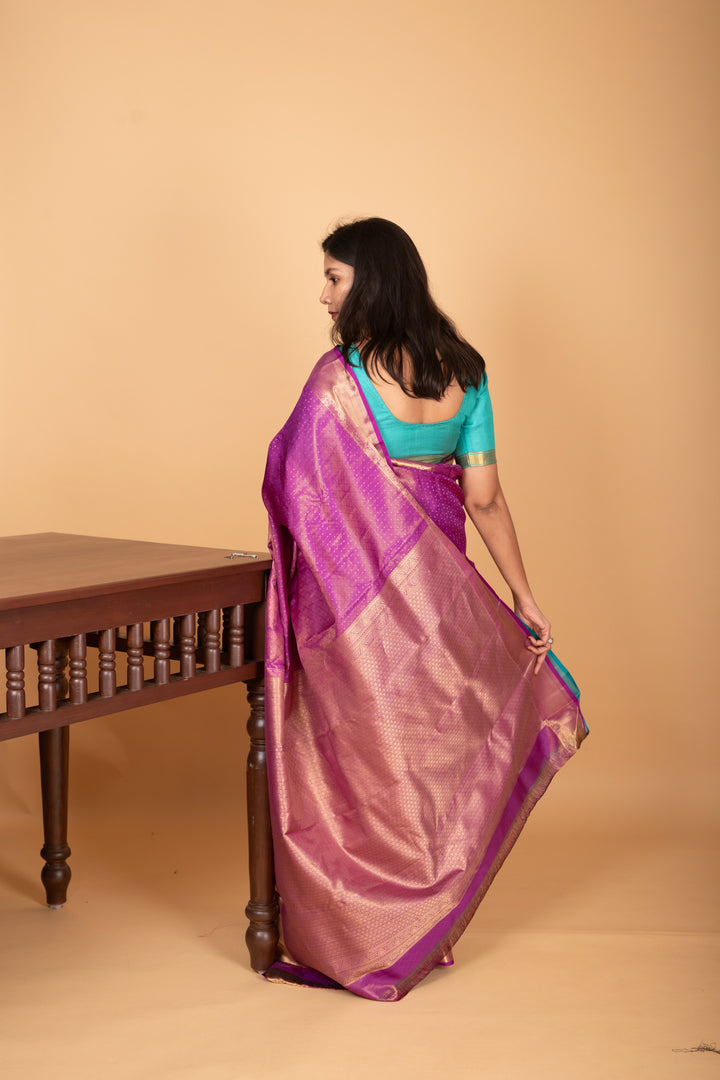 Wildberry Purple and Aqua Blue Tissue pure kanjivaram silk saree
