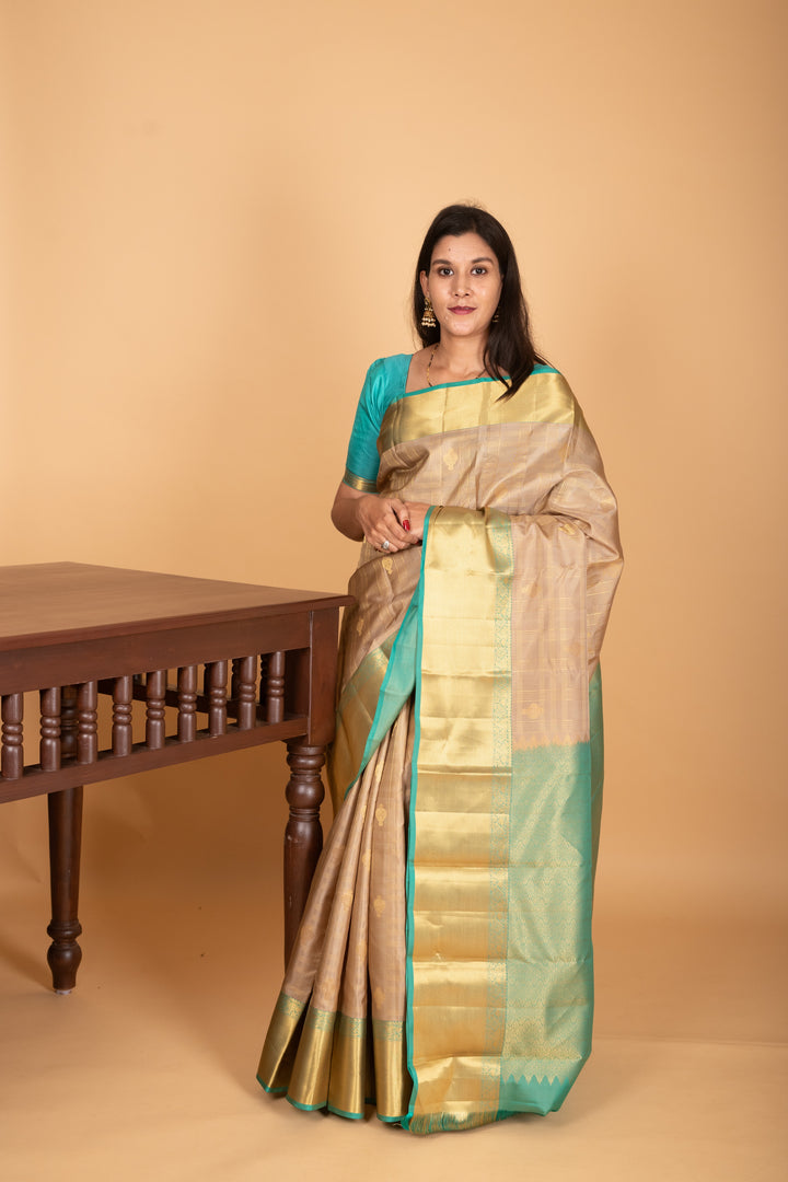Beige and Dual Tone Blue checked pure kanjivaram silk saree