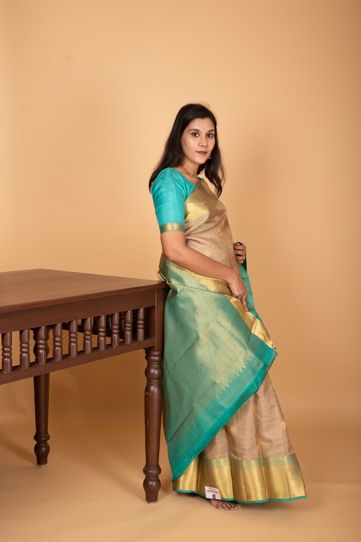 Beige and Dual Tone Blue checked pure kanjivaram silk saree