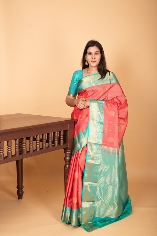 Watermelon Pink and Turquoise Blue checked pure kanjivaram silk saree