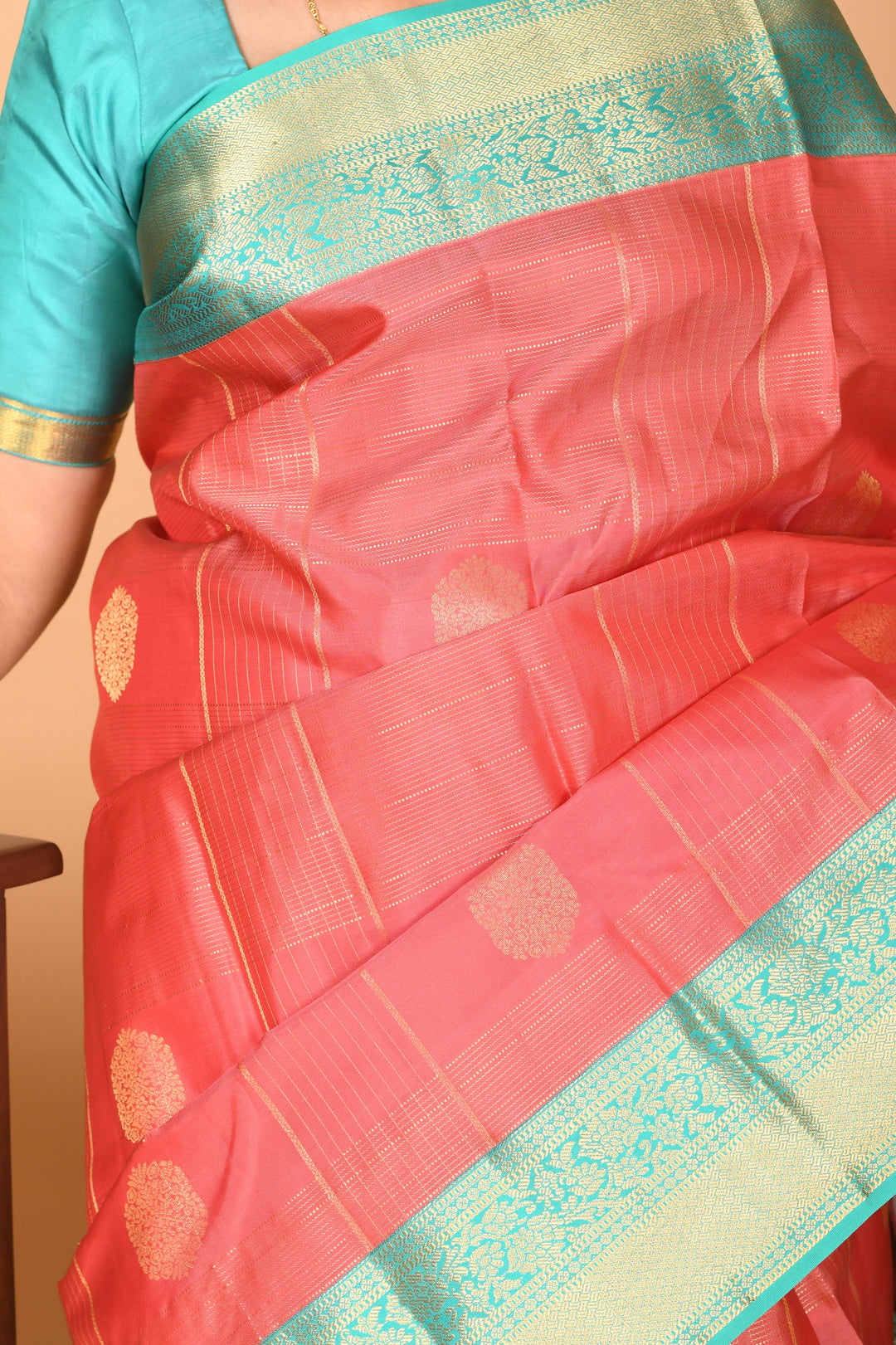 Watermelon Pink and Turquoise Blue checked pure kanjivaram silk saree