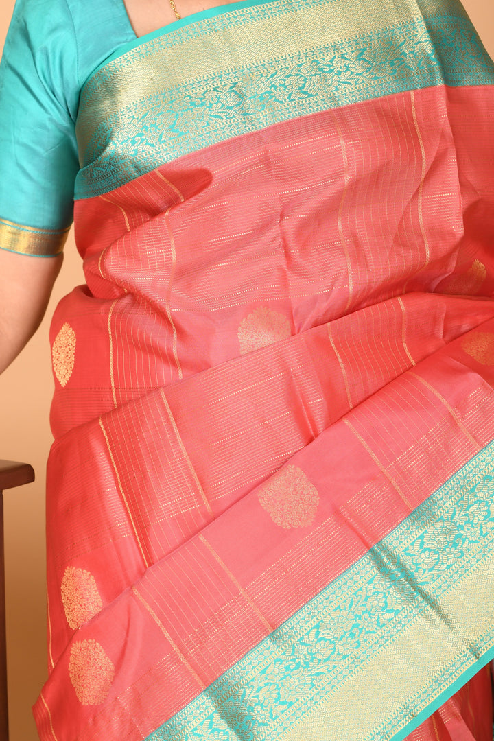 Watermelon Pink and Turquoise Blue checked pure kanjivaram silk saree