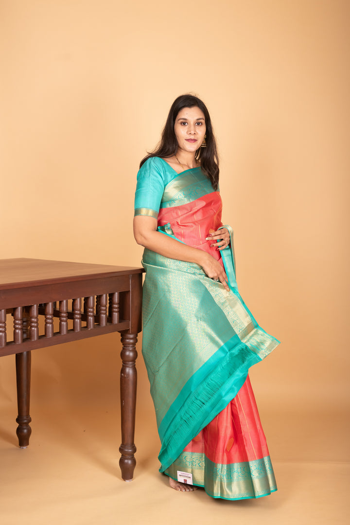 Watermelon Pink and Turquoise Blue checked pure kanjivaram silk saree