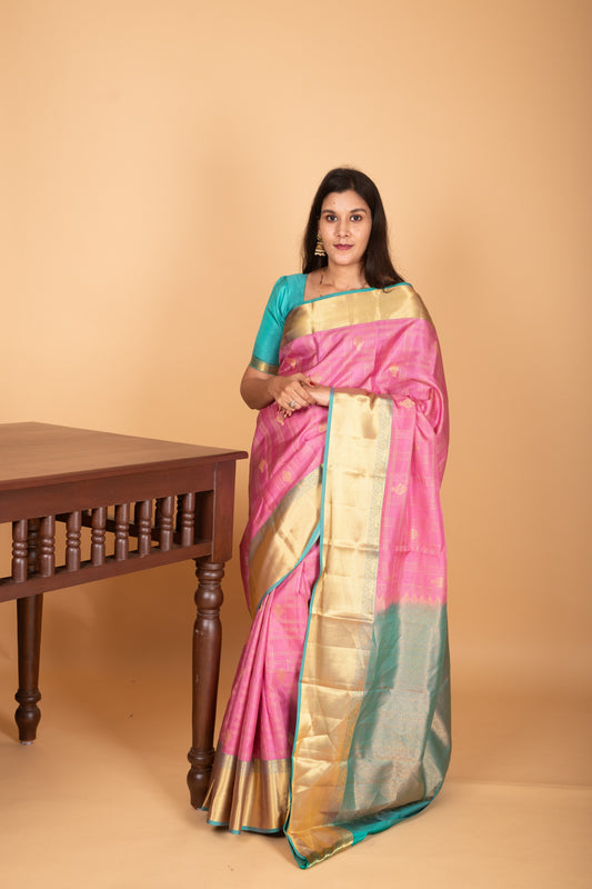 RoseMilk Pink and Dual Tone Blue checked pure kanjivaram silk saree