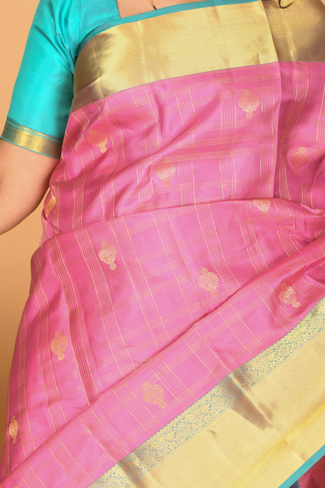 RoseMilk Pink and Dual Tone Blue checked pure kanjivaram silk saree