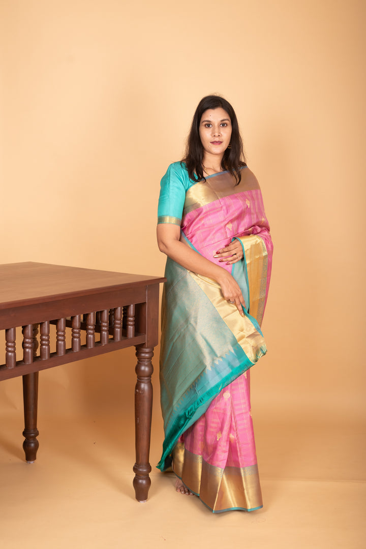 RoseMilk Pink and Dual Tone Blue checked pure kanjivaram silk saree