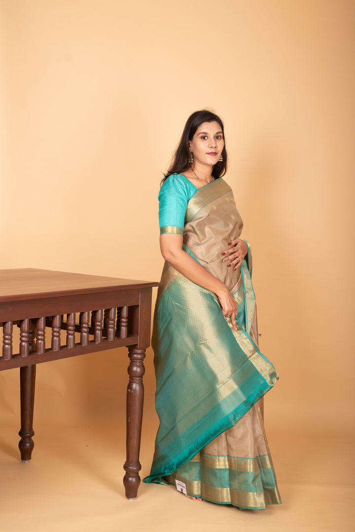 Oatmeal White and Dual Tone Blue Retta Patta Border pure kanchi silk saree