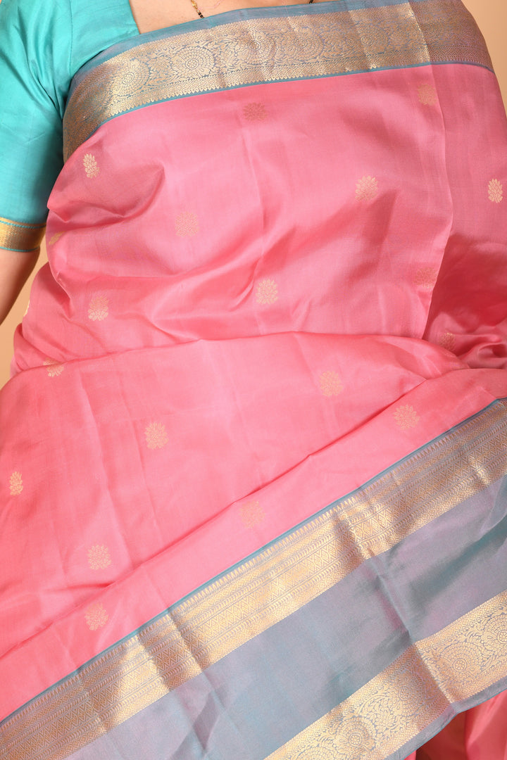 Paneer Rose Pink and Dual Tone Blue Retta Patta Border pure kanchi silk saree