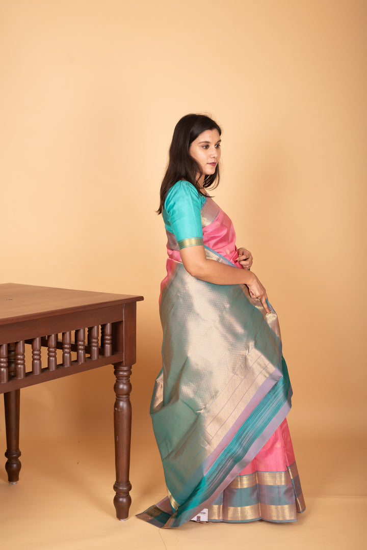 Paneer Rose Pink and Dual Tone Blue Retta Patta Border pure kanchi silk saree