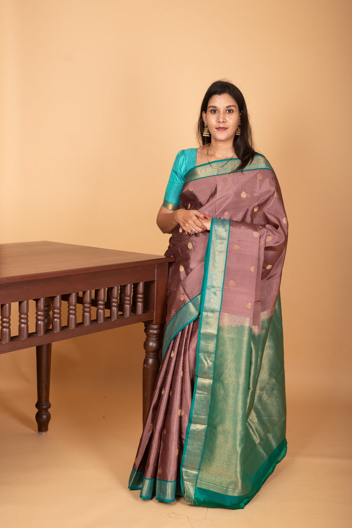 Brownish Pink and Tiffany Blue Butta pure kanchi silk saree