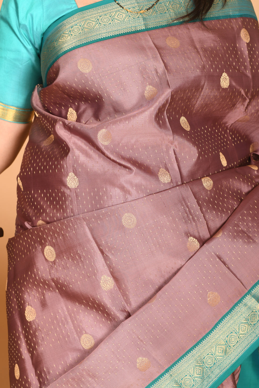 Brownish Pink and Tiffany Blue Butta pure kanchi silk saree