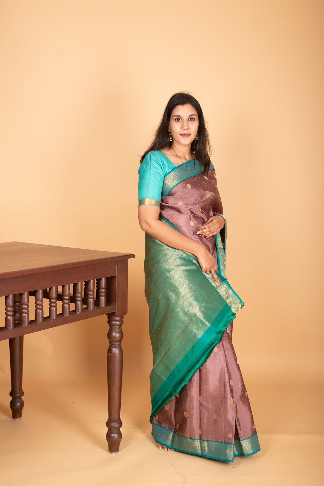 Brownish Pink and Tiffany Blue Butta pure kanchi silk saree