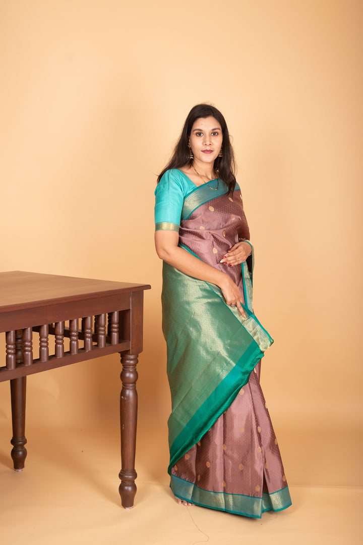 Brownish Pink and Tiffany Blue Butta pure kanchi silk saree