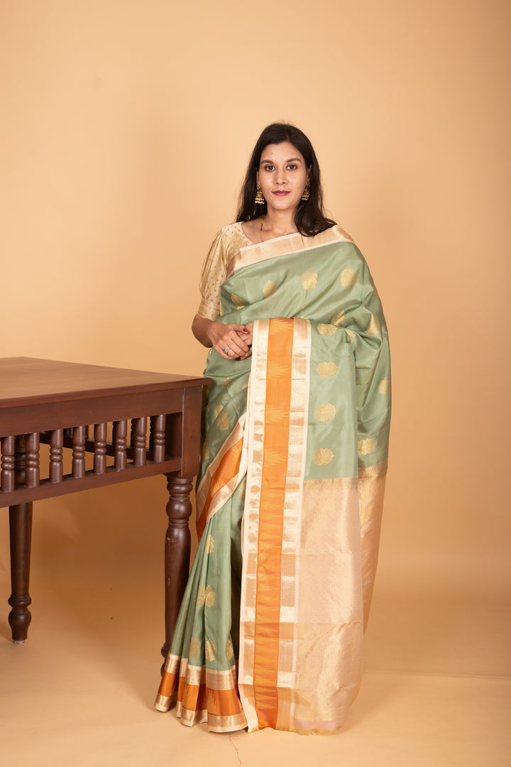 Pastel Green and Pastel Pink Retta Patta Temple Border pure kanchi silk saree
