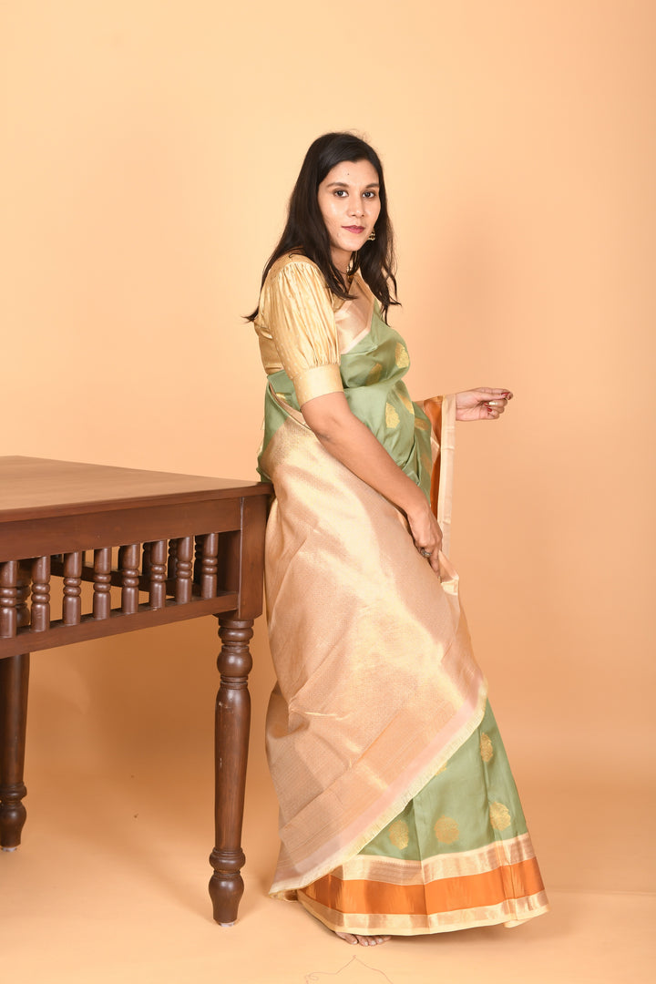 Pastel Green and Pastel Pink Retta Patta Temple Border pure kanchi silk saree