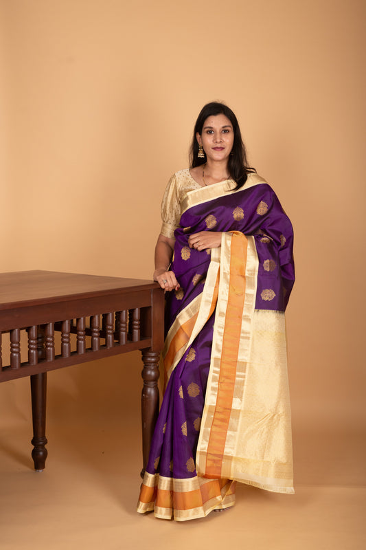 Ultra Violet and Pastel Cream Yellow Retta Patta Temple Border pure kanchi silk saree