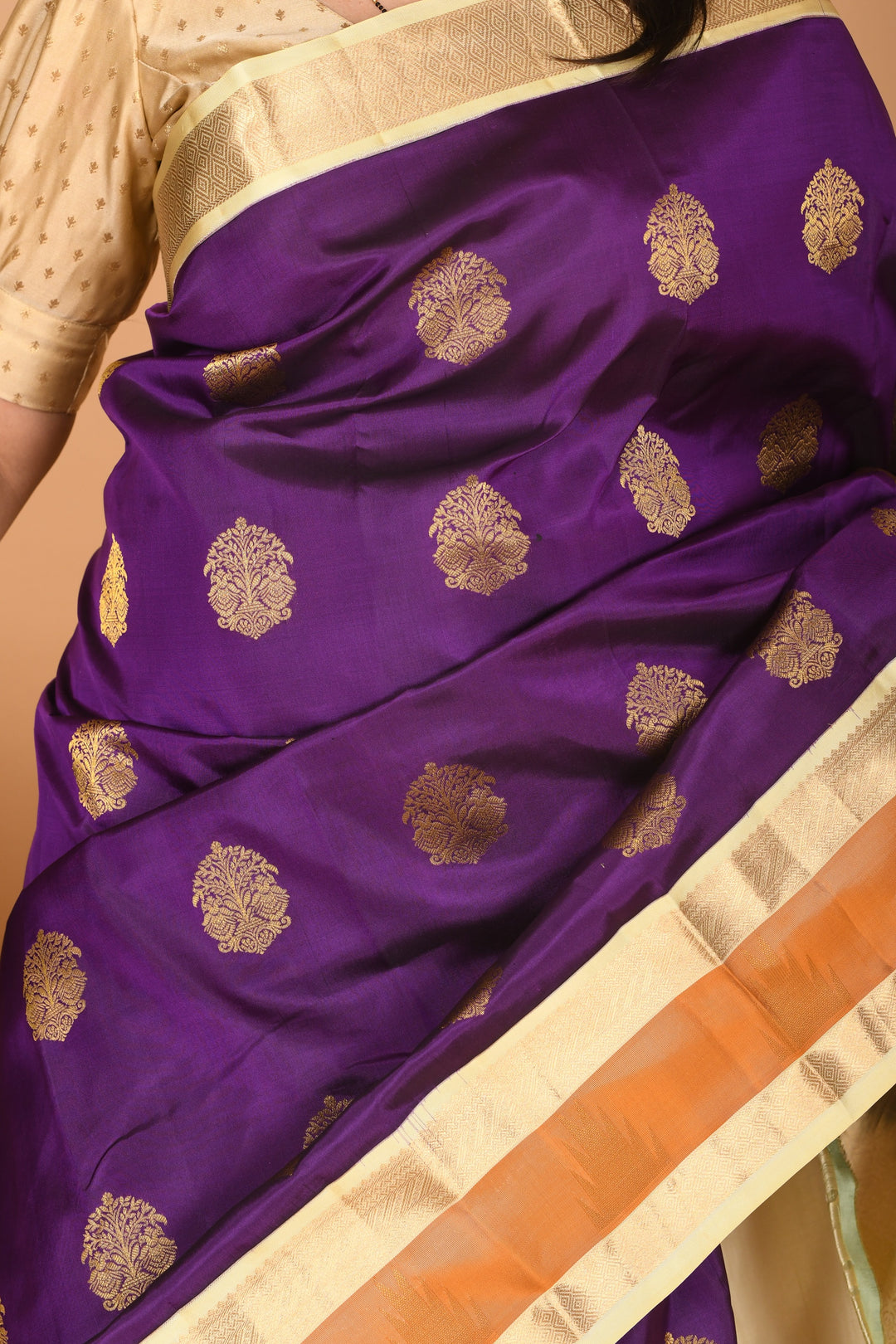 Ultra Violet and Pastel Cream Yellow Retta Patta Temple Border pure kanchi silk saree