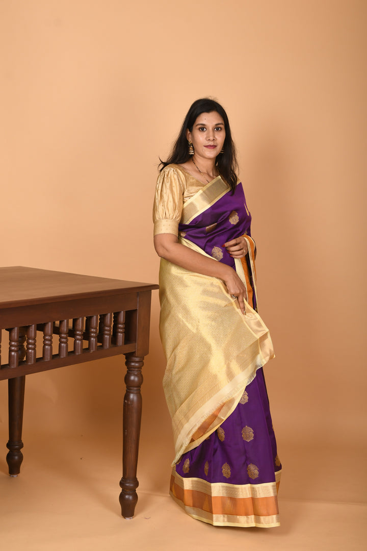 Ultra Violet and Pastel Cream Yellow Retta Patta Temple Border pure kanchi silk saree