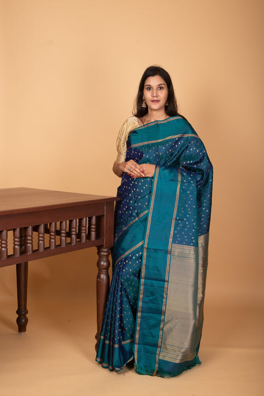 Peacock Blue Butta pure kanchi silk saree