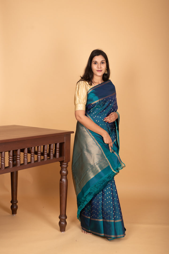 Peacock Blue Butta pure kanchi silk saree
